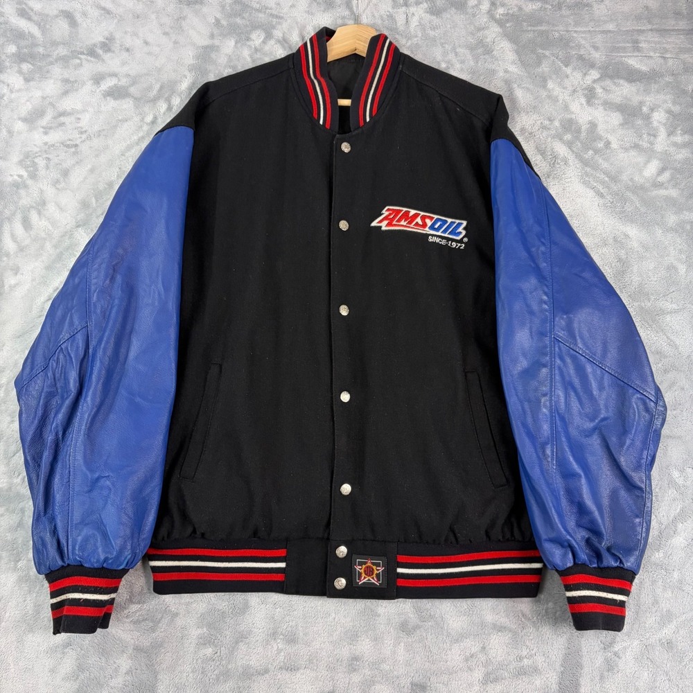 Vintage JH Design AMSOIL Racing Bomber Jacket Mens XL Black Amsoil